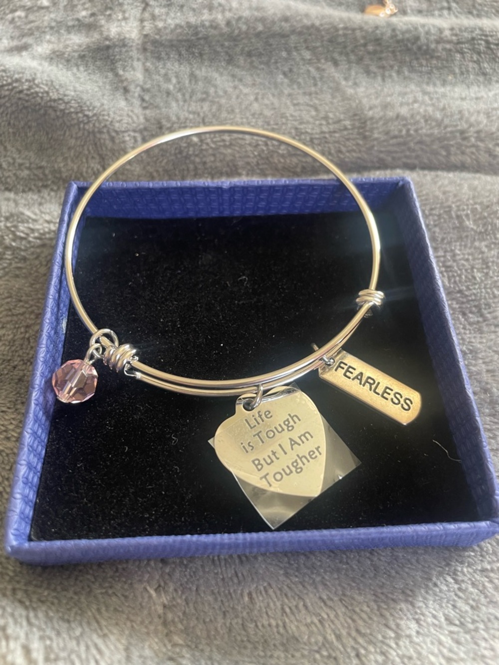 Silver 'Fearless' and Heart Charm Bangle Bracelet - Pink Accent